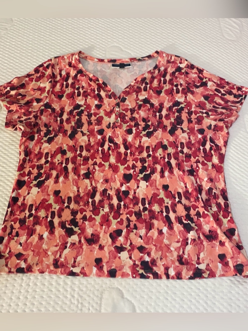 Karen Scott Women’s 2X Pink Coral Abstract Floral Split Neck Top Plus Size